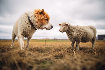 canine and sheep interaction on cloudy day