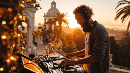 Dj plays music outdoors on the terrace of a mansion. Generative AI. - obrazy, fototapety, plakaty