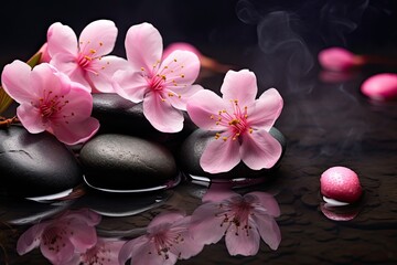 Obraz na płótnie Canvas Pink spa flowers, hot stones on water, dark background.