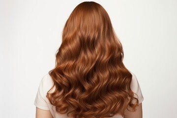 Healthy wavy hair of a woman against a white backdrop.