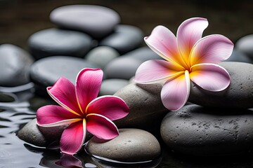 Spa setting with plumeria flowers and stones.