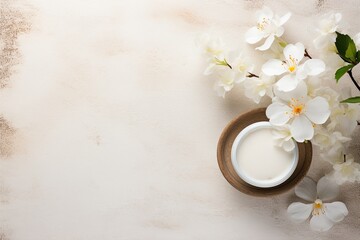 Aromatherapy on spa background with white flower, as seen from above.