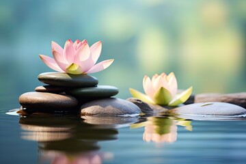 Zen and meditation represented by lotus flower and stones on water, with space for text.