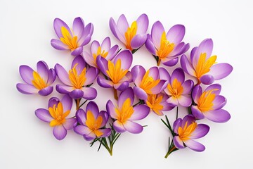 Saffron crocus flowers on white background, space for text.