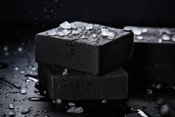 Black bar of soap made from coal in foam on a dark background, close-up view from above.