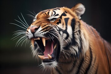 sumatran tiger yawning, showcasing sharp teeth - obrazy, fototapety, plakaty