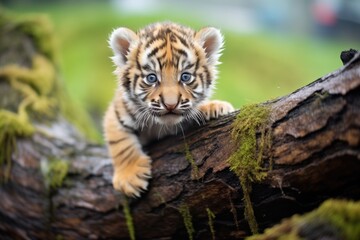 Fototapeta premium tiger cub climbing over tree roots in discovery