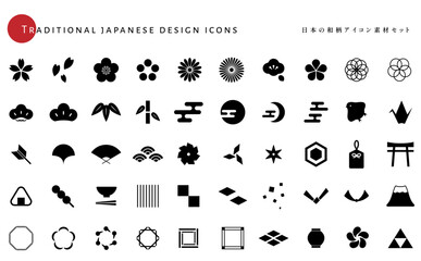 Japanese traditional icon set (Flower, Nature, Food, pattern, etc.) - obrazy, fototapety, plakaty