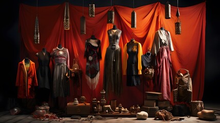 Medieval market in a dark room with antique objects. 3d rendering