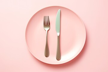 Pastel pink utensils arranged creatively on a pastel pink background. Minimal surreal concept for a breakfast or food establishment with a vintage aesthetic inspired by 80s or 90s fashion.