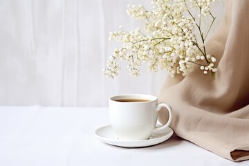 Still life Nordic decor with coffee cup, vase of gypsophilia, linen tablecloth, and white wall background.