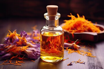 Saffron essential oil in a glass bottle with dried saffron, representing alternative medicine.