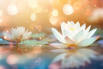 White lotus symbolizing purity of mind and spirit in Buddhism, with soft blurred bokeh reflection on pastel dream color background.