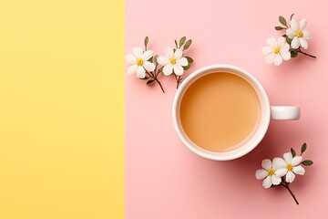 Minimal flat lay of a hot drink in a light pink mug with a flower on a yellow background.