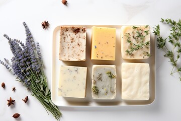 Organic handmade soap bars with natural ingredients on a white background. Top view with room for text. - obrazy, fototapety, plakaty