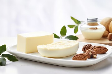 Shea butter, cream, and soap on a light backdrop. - obrazy, fototapety, plakaty