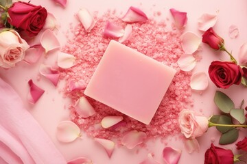 Top view composition of body care concept with spa, cosmetics, and bath accessories on a pink background.