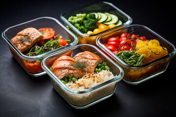 Takeaway prepared food in glass bowls.
