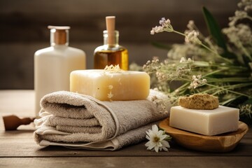 Fototapeta na wymiar Natural soap and towels used for spa treatments.