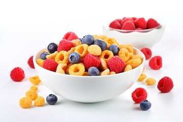 Healthy cereal breakfast with berries on a wooden table.