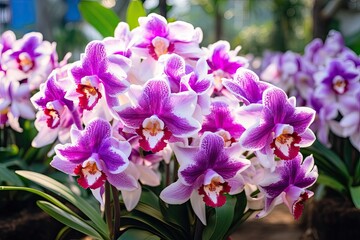 Purple and white orchids; Cattleya; Garden brimming with orchid blooms.
