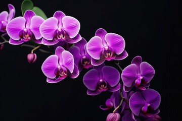 Fototapeta na wymiar Close-up of a purple orchid on a black background, conveying luxury; isolated with copy space for a high-quality photo.