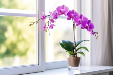 Caring for a purple orchid on a windowsill.