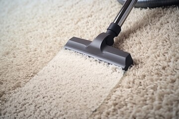 Vacuuming to clean white, soft carpet. Top view, copy space available. - obrazy, fototapety, plakaty