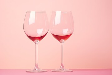 Modern minimalist Valentine's Day arrangement with wine glasses on pastel pink backdrop.