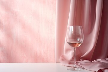 Pink Valentine's Day composition with wine glass and satin curtain suitable for displaying products and representing business. Modern aesthetics.