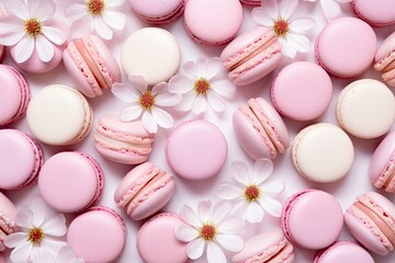 Rose patterned macarons pink and white almond cookies arranged in a flat lay