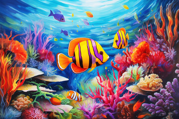 Vibrant Underwater Ecosystem with Colorful Fish and Coral