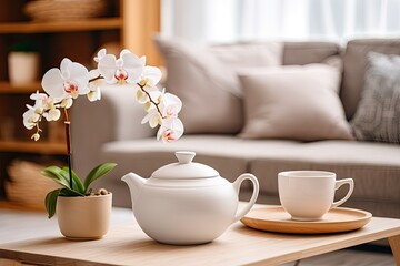 Clay teapot, white cup, and orchid flower in focus, with a cozy vintage interior style in the...