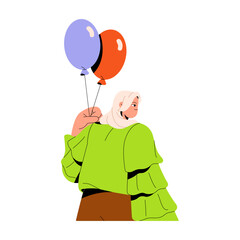 Happy girl holding holiday colorful balloons on string back view. Young woman in bright outfit on Birthday party, celebration, festive event. Flat isolated vector illustration on white background