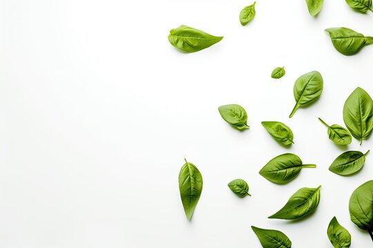 Basil leaves arranged on white, with room for notes on the side.