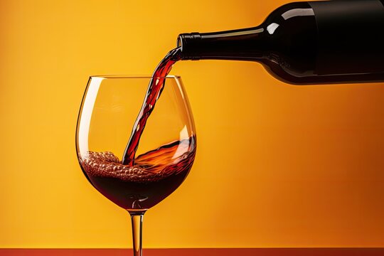 Pouring red wine into an elegant glass over a yellow-brown background.
