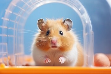 Syrian hamster in doctor's hands, wearing medical gloves, for veterinary care.