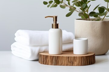 Obraz na płótnie Canvas Zero waste bathroom concept with white ceramic dispensers for soap and lotion, solid oak stump holding organic linen towel and dry shampoo for daily body care in a spa and wellness setting.