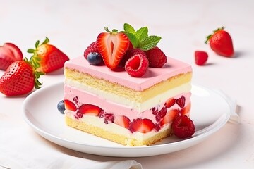 Strawberry decorated summer cake on a white backdrop with yellow sponge cream cheese and berry mousse layers