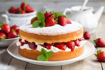 Strawberry filled homemade Victoria sponge cake adorned with icing sugar and strawberry on white wooden table