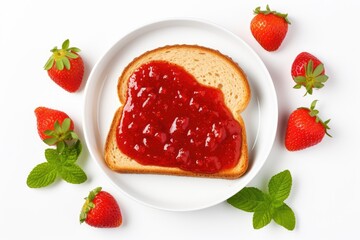 Strawberry jam breakfast on white background with fresh strawberries and homemade spread on bread - Powered by Adobe