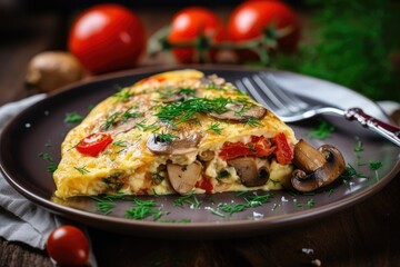 Quick and easy vegetarian omelet with stuffed mushrooms and fresh tomatoes on a rustic wooden background. - obrazy, fototapety, plakaty