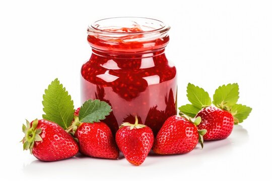 Strawberry jam and fresh berries in a glass jar isolated on white background