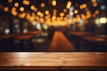 Blurry bokeh lights on a wooden table in a dimly lit restaurant representing a lifestyle of celebration