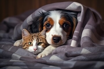 Canine and feline companions hug at home