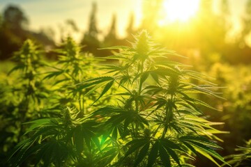 Cannabis leaves thriving in sunlight growing on a farm with selective focus and shallow depth of field