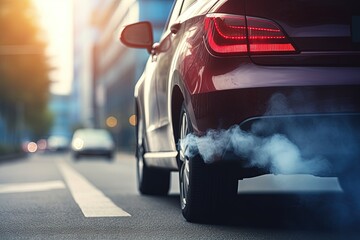 Car emitting white smoke from the exhaust pipe Harmful PM2 5 in toxic air pollution Controlling vehicle emissions Environmental concerns regarding clima - obrazy, fototapety, plakaty