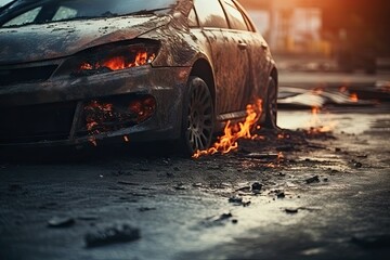 Car on fire scorched metal texture metallic backdrop Blurred focused on certain areas
