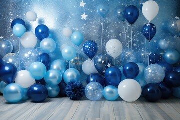 Child kids birthday party decor with blue and silver starry space balloon photo zone Children party background and holiday decoration