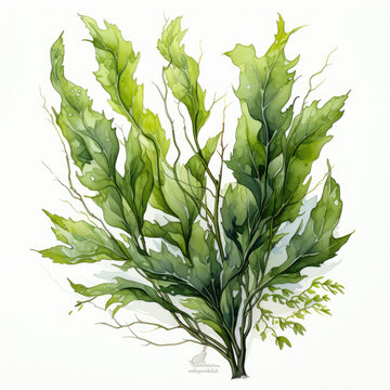 green watercolor seaweed plant on white clip art preview